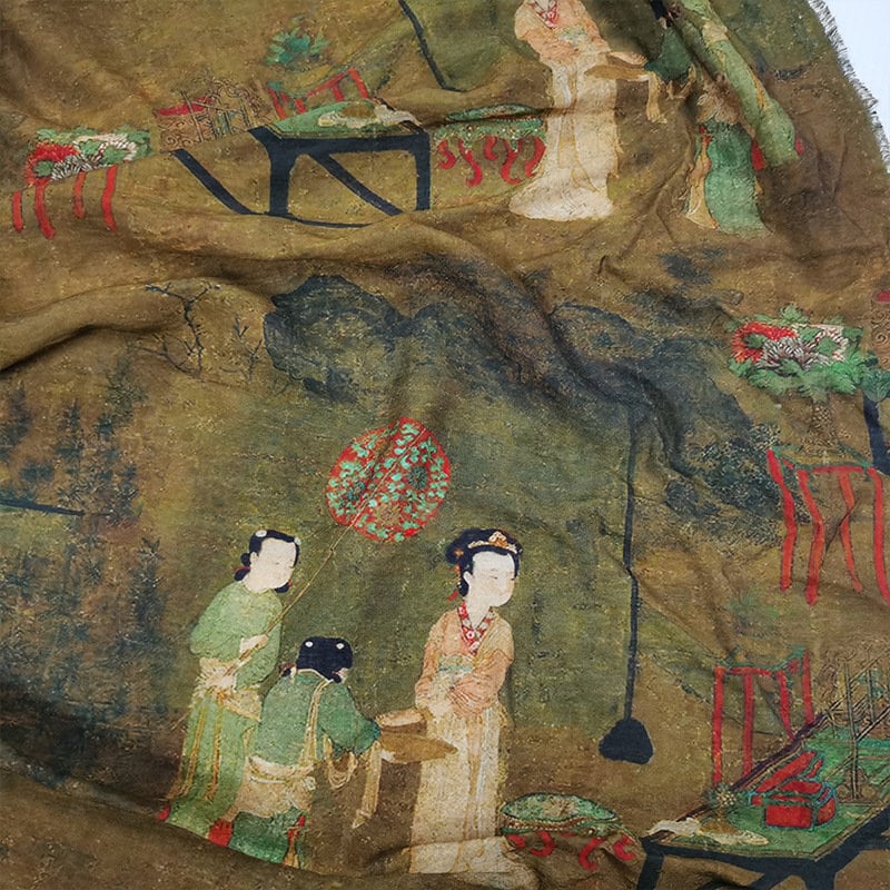 Chinoiserie Linen Fabric: Asian Ladies, Sewing Scene, Home Decor