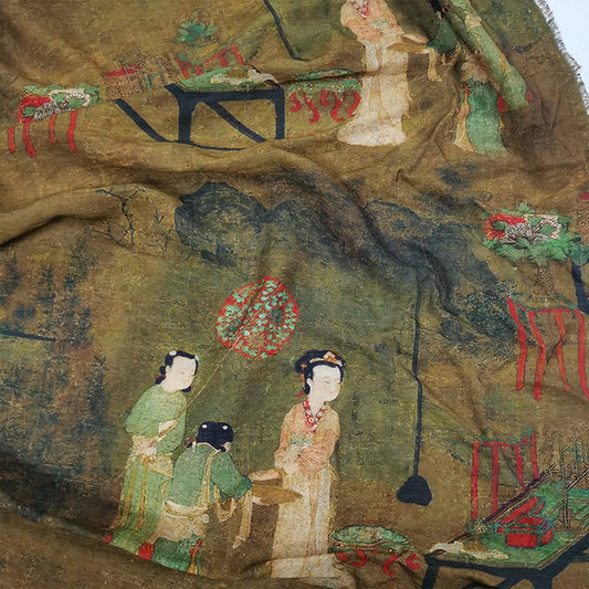 Chinoiserie Linen Fabric: Asian Ladies, Sewing Scene, Home Decor