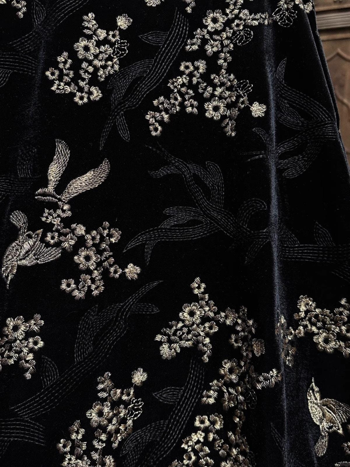Embroidered Velvet Fabric: Beaded Pillar Design, 43"W Designer Material