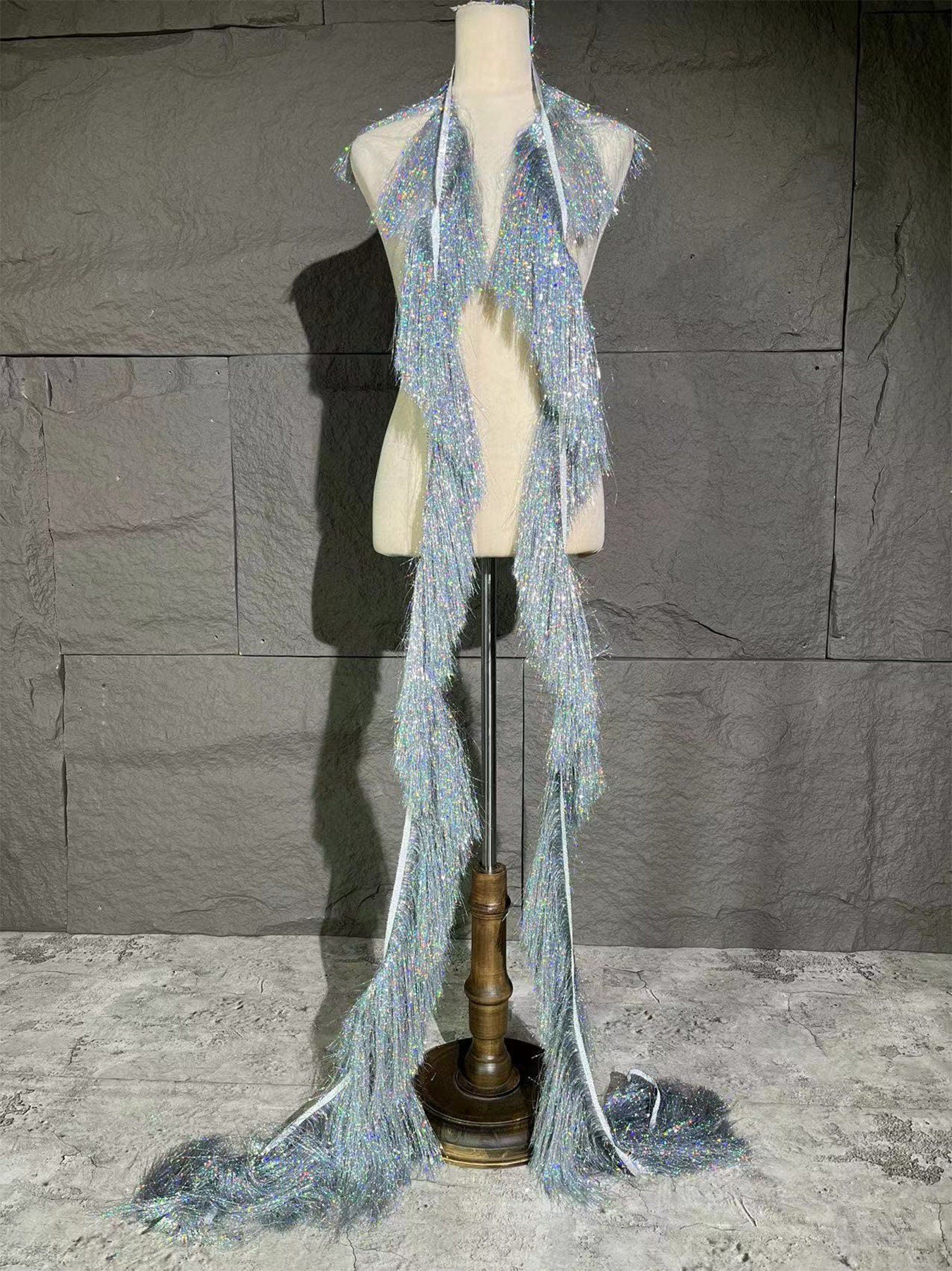 Tissu à franges argentées pour la danse : franges en polyester de 20 cm, décoration à faire soi-même