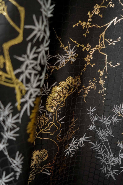 Japanese Kirin Nishijin Brocade Fabric: Black Upholstery, Costume, Decor (65" Wide)