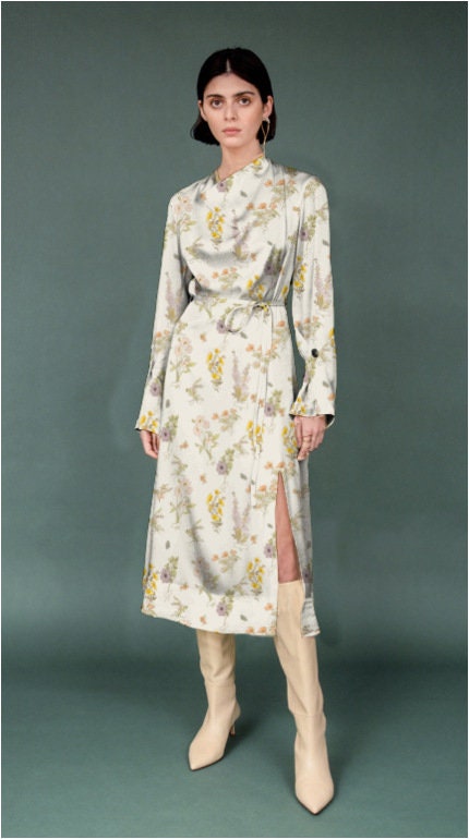 Floral Satin Fabric: Beige Soft Printed Polyester Spandex Blend, 59" Wide