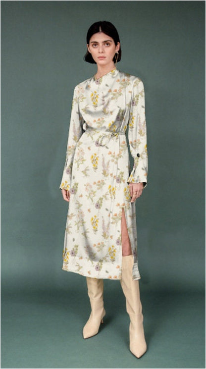 Floral Satin Fabric: Beige Soft Printed Polyester Spandex Blend, 59" Wide