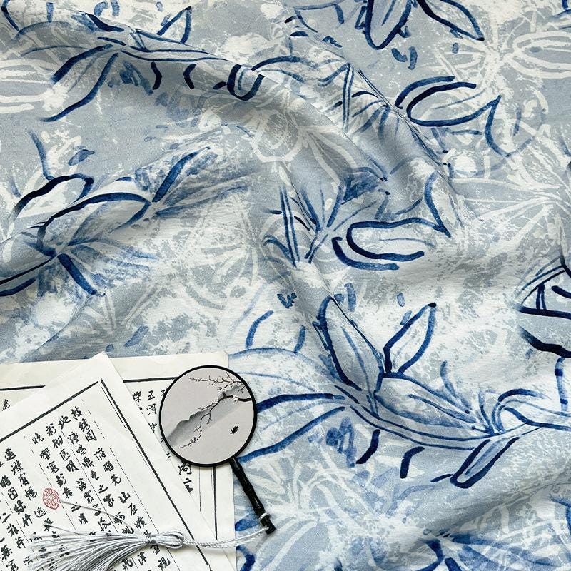 Tissu satin de coton imprimé numérique bleu – Tissu doux pour robes, patchwork, couture DIY, loisirs créatifs, motifs floraux et abstraits, 59 cm