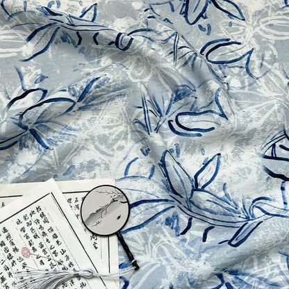 Tissu satin de coton imprimé numérique bleu – Tissu doux pour robes, patchwork, couture DIY, loisirs créatifs, motifs floraux et abstraits, 59 cm