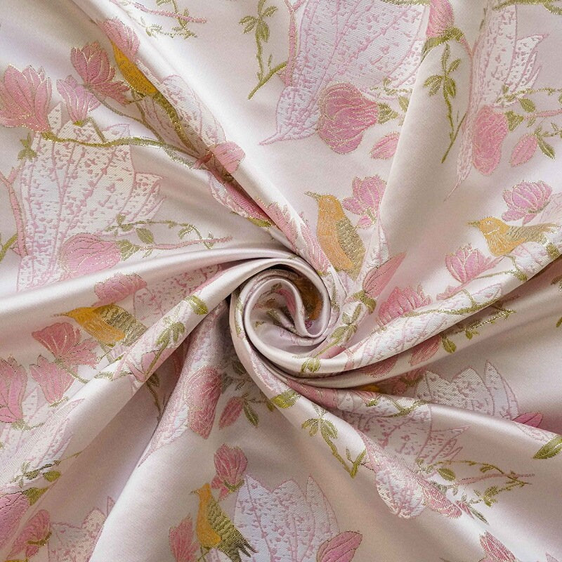Pink & Gold Bird Brocade Fabric: 59"W Silk Rayon Blend