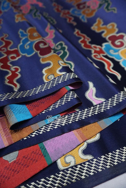 Dark Blue Auspicious Clouds Jacquard Fabric: Tibetan Style Costume Dress Material
