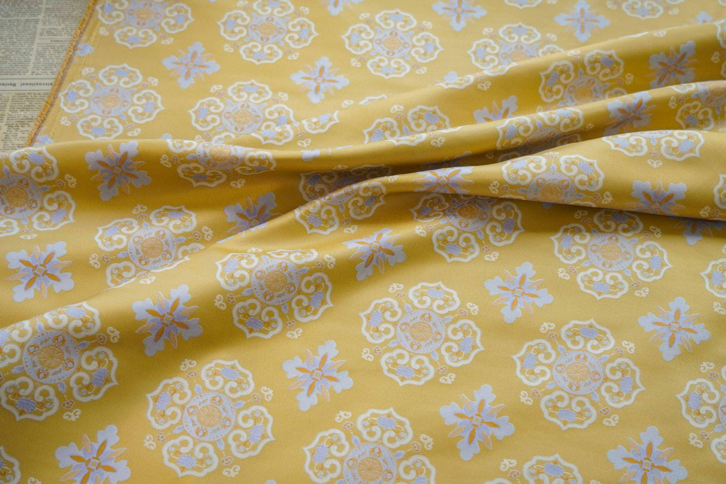 Yellow Silk Brocade Fabric: Chinese Floral Pattern, 59" Wide