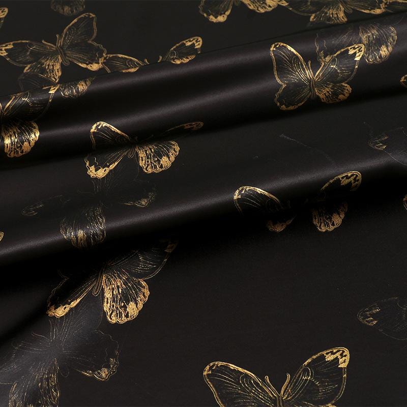 Gold Butterfly Tea Silk Satin Fabric: 59"W Digital Print, Costume & Decor