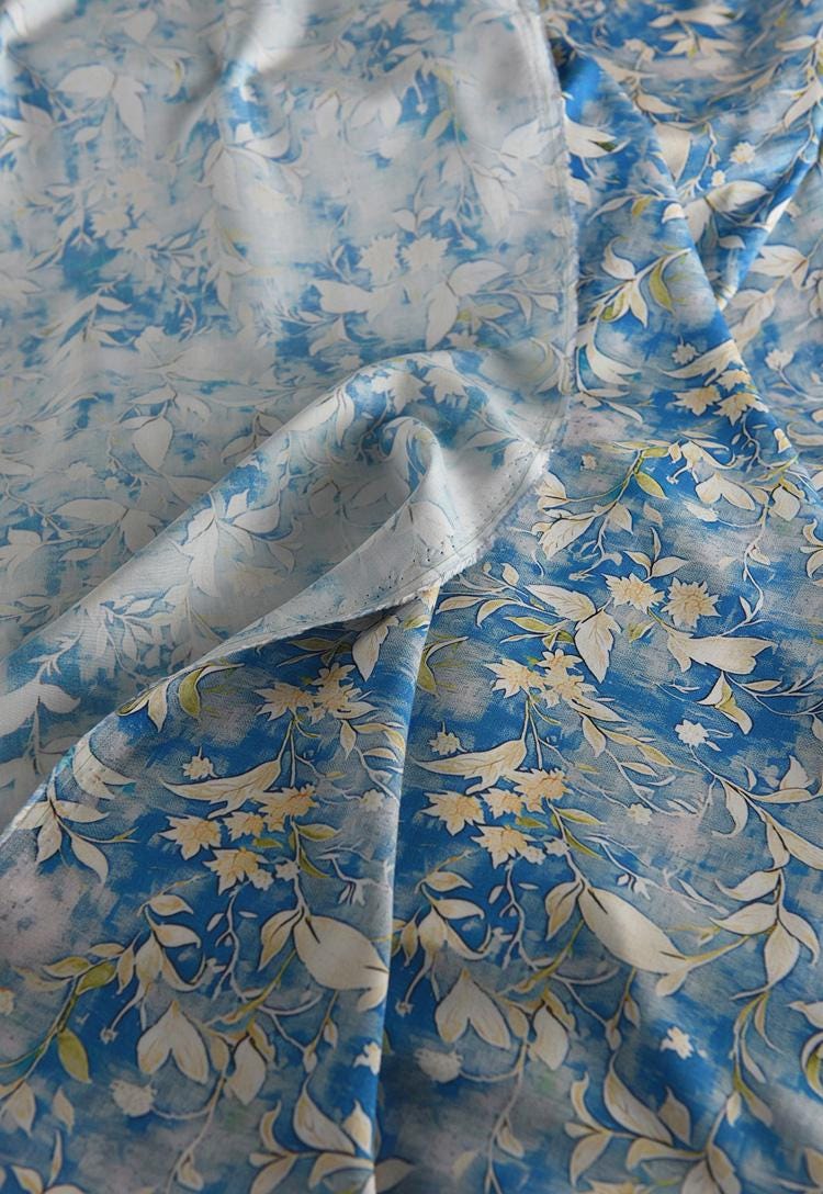Tissu en coton à motif floral : style peinture à l’encre de Chine, 140 cm de large