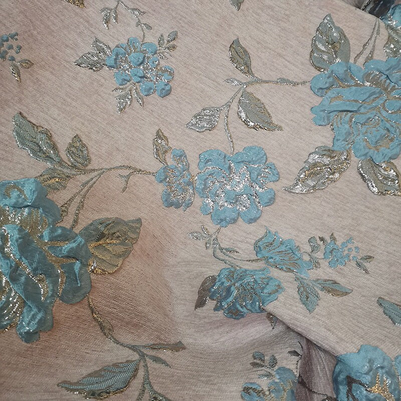 Gold Thread Jacquard Fabric: 3D Flower Design, 56" Wide