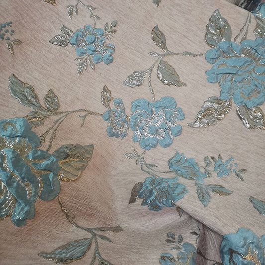 Tissu jacquard à fil doré : motif floral 3D, largeur 142 cm