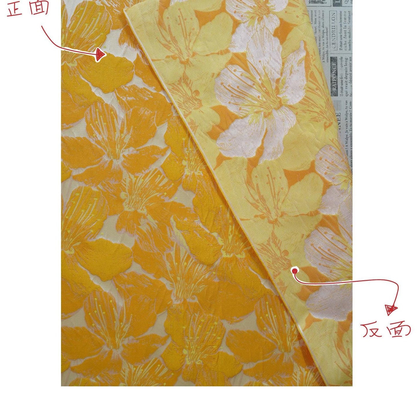 Tissu jacquard floral 3D orange et jaune en relief ��� Ameublement décoratif, rideaux, confection de vêtements, textiles de mode"Large