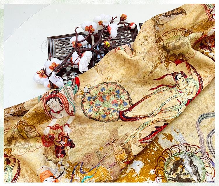 Dunhuang Flying Apsaras Fabric: Oriental Art Cotton Print for Sewing