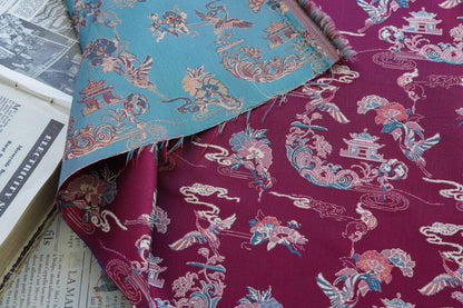 Tissu brocart satin jacquard Song : motif double grue et pivoine