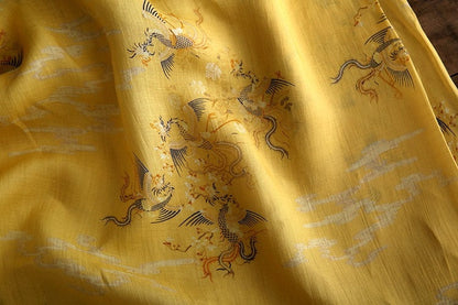 Yellow Dragon Phoenix Print Ramie Fabric: 57" Wide