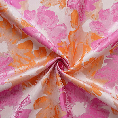 Floral Jacquard Brocade Fabric: Orange Pink Flower Pattern, 65" Wide
