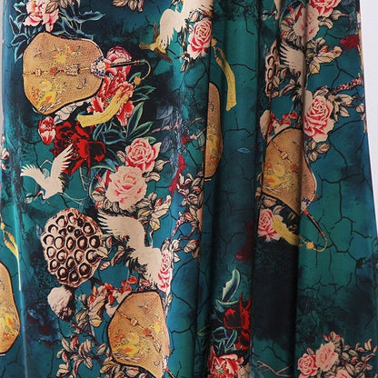 Jade Green Tea Silk Satin Fabric: Floral Crane Print, 59" Wide