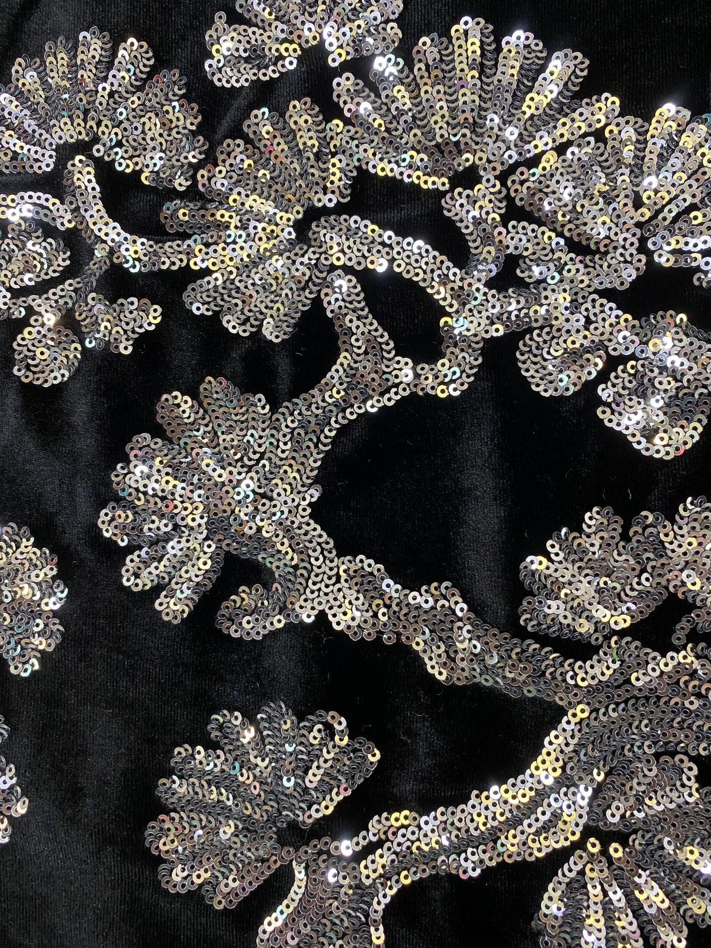Velvet Embroidery Fabric: Beaded Pillar Design, 43"W Designer Material