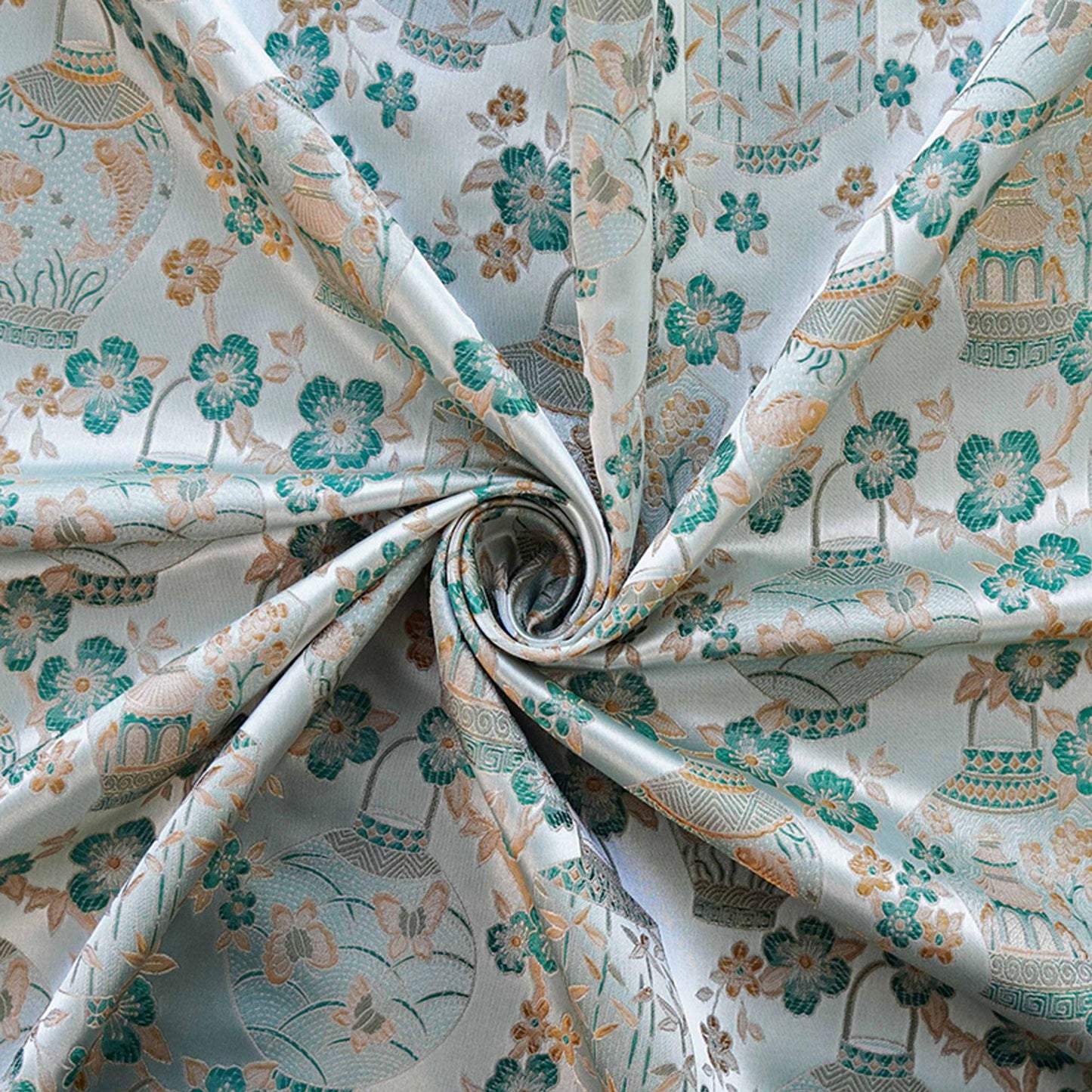 Jacquard Brocade Fabric: Chinese Floral Vase Design, 65" Wide