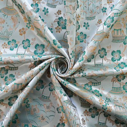 Jacquard Brocade Fabric: Chinese Floral Vase Design, 65" Wide