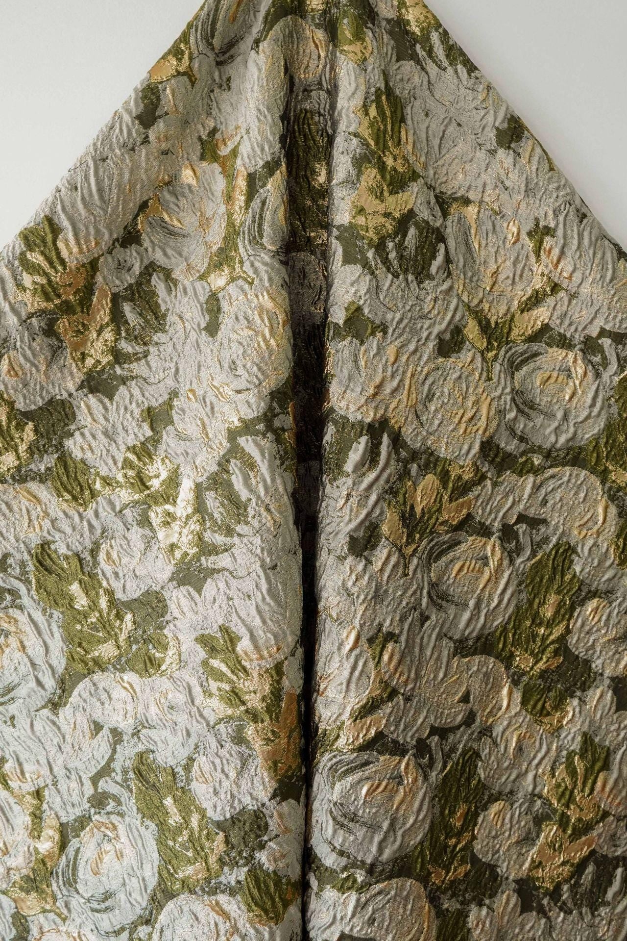 Green Jacquard Woven Fabric: 3D Gold Thread Embossed Texture, 57" Wide