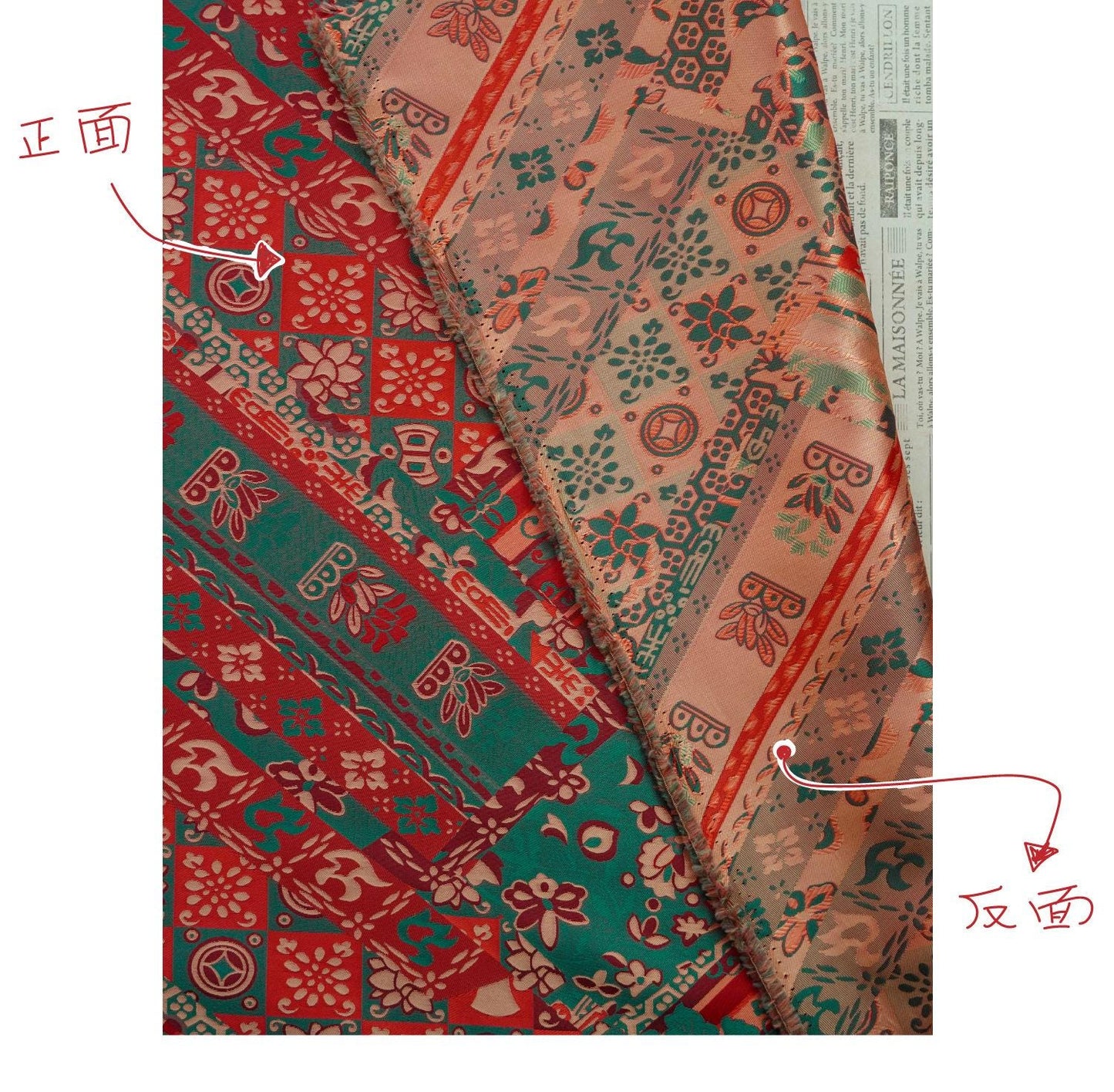 64"W Teal Jacquard Brocade Fabric ��� Longevity Peony Flower, High-Density Satin, Traditional Asian Textile for Quilting, Costumes, Home