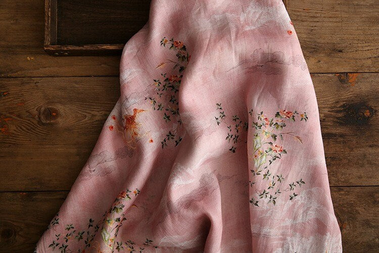 Light Pink Phoenix Print Ramie Fabric - 57"W - Sewing, Costume, Decor