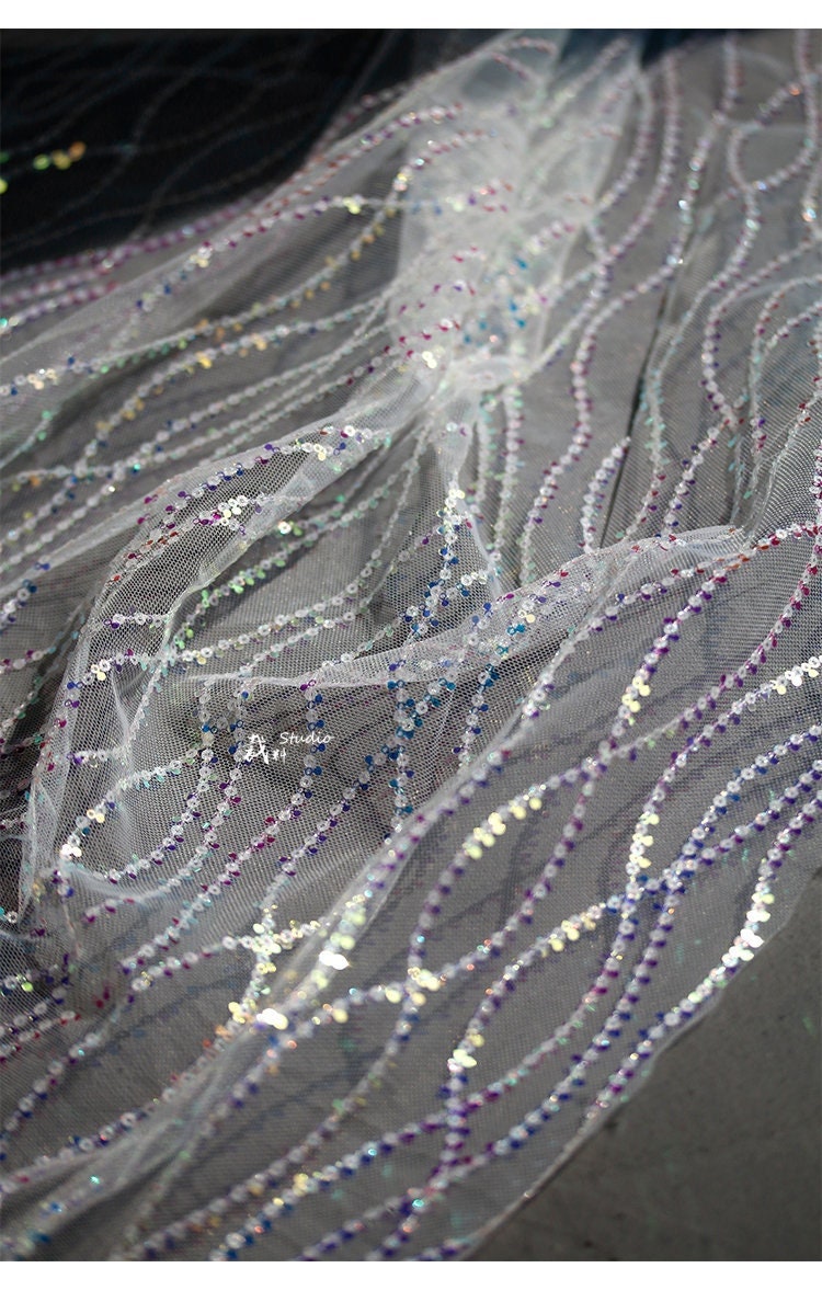 Mermaid Wave Mesh Fabric, Sequin Fish Scale Embroidery, 59" Wide