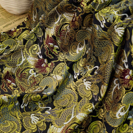 59"W Nishijin Chinese Dragon Brocade Fabric: Modern Jacquard Rayon Silk by Meter