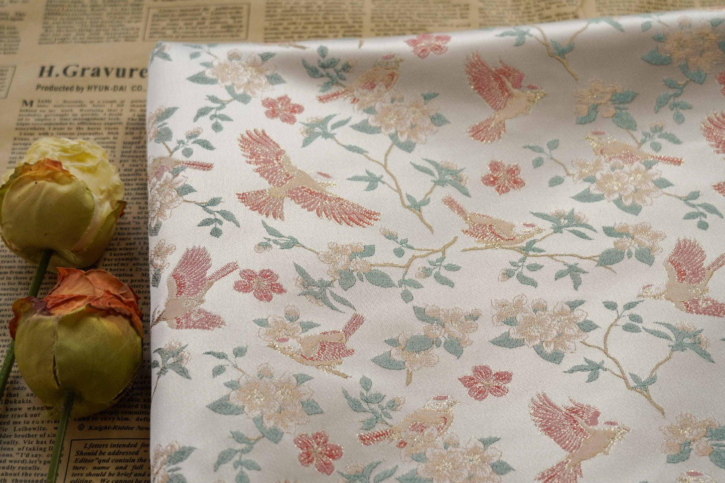 Crane Bird Jacquard Satin Fabric: 59"W Brocade Upholstery & Drapery