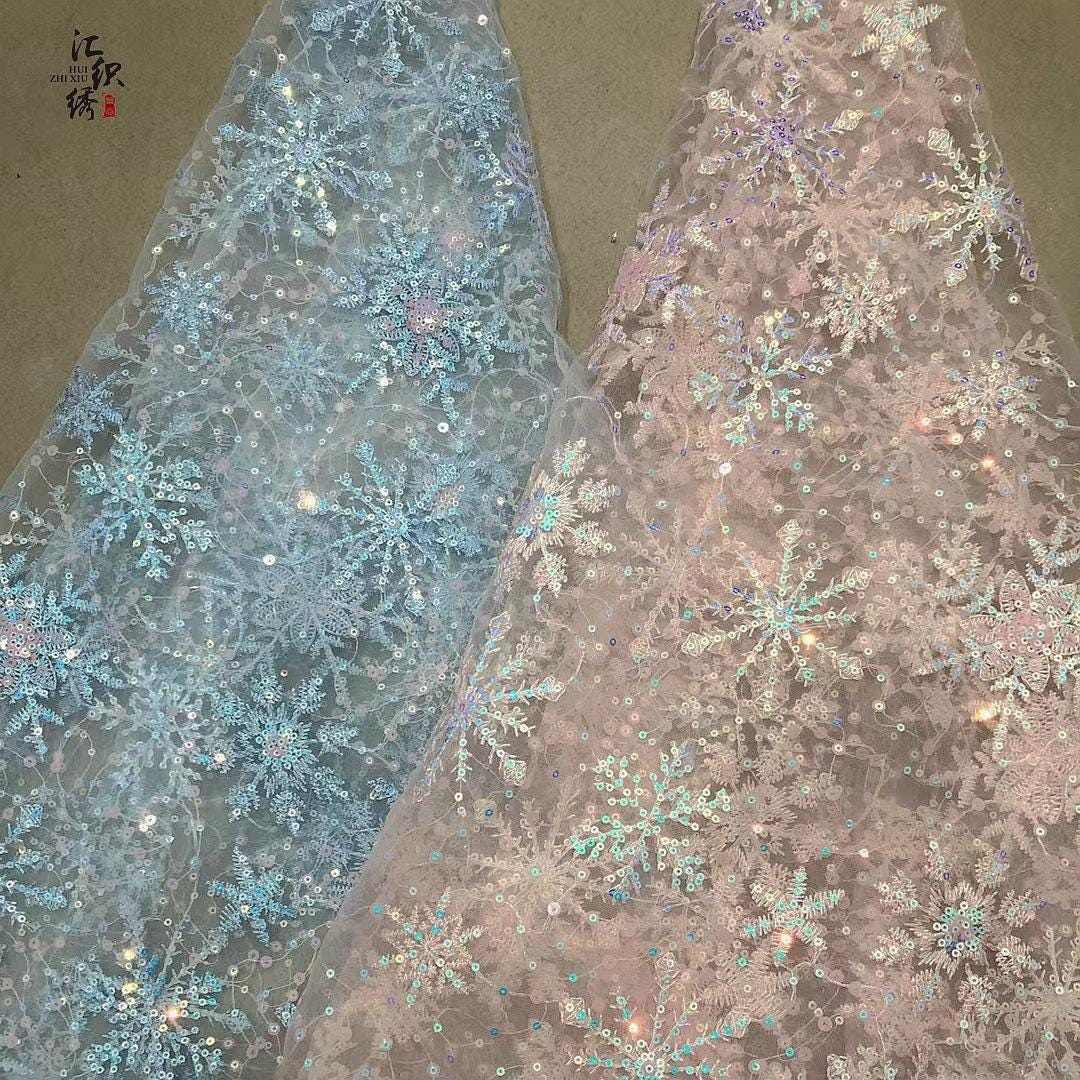 Sequin Snowflake Embroidery Lace Fabric: Bridal Wedding Dress, Gown (50"W)