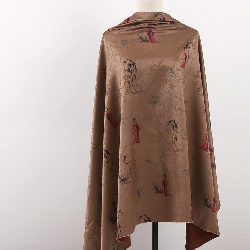 Damask Silk Fabric: Ancient Lady Pattern, Upholstery Sewing Material (59"W)