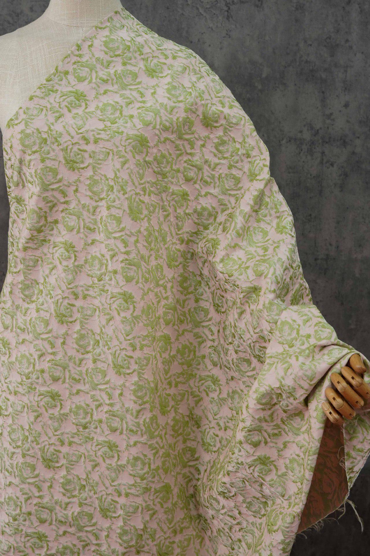 Floral Jacquard Woven Fabric: Green, Pink & Gold Reversible Upholstery - 60"W