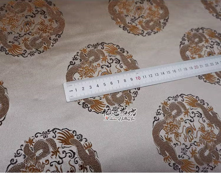 Champagne Chinese Dragon Silk Brocade Fabric: Costume & Decor, 29.5"W