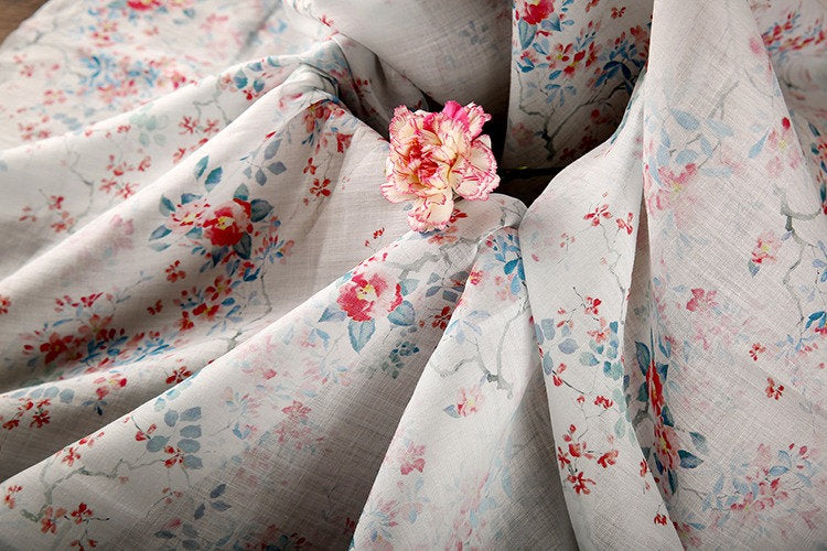 Floral Ramie Fabric: White Cotton Flower Print, 57" Wide