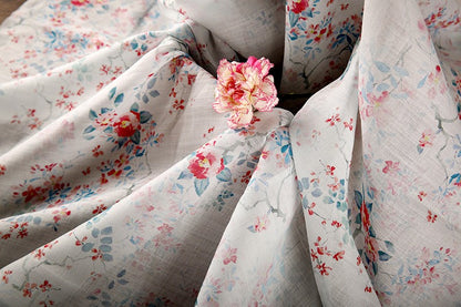 Floral Ramie Fabric: White Cotton Flower Print, 57" Wide