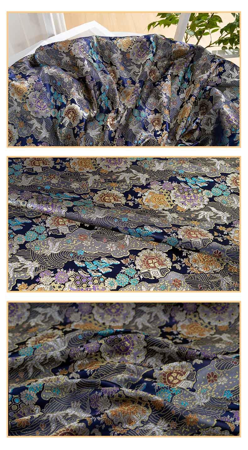 Tissu Kinran de Nishijin Crane : Brocart de soie jacquard damassé noir (largeur 59")