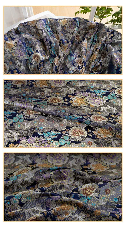 Tissu Kinran de Nishijin Crane : Brocart de soie jacquard damassé noir (largeur 59")