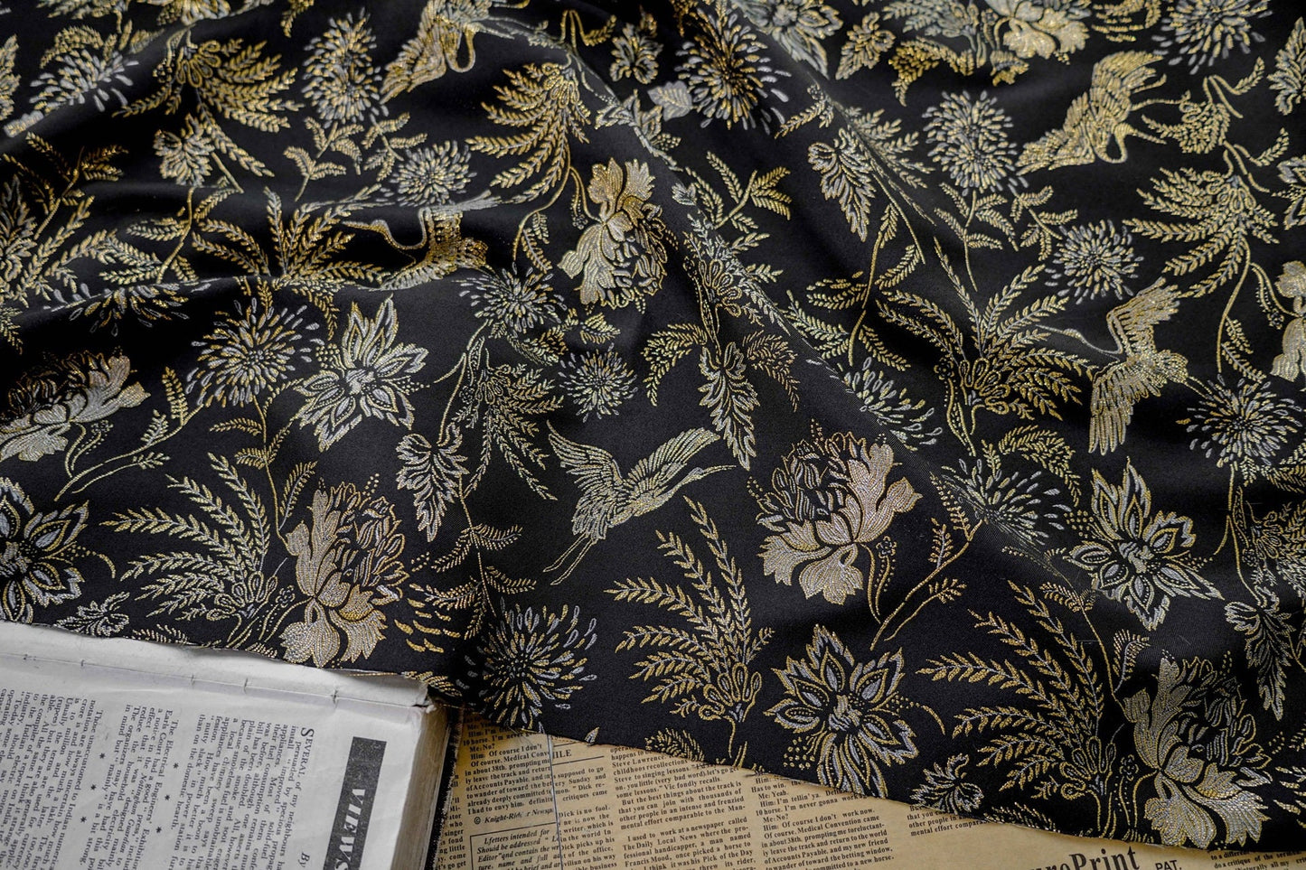 Gold Crane Jacquard Fabric: 3D Designer Upholstery, Prom Dress Sewing Fabric