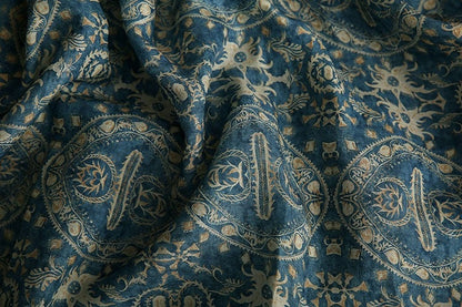 Blue Dunhuang Buddha Flower Ramie Fabric: 57"W Upholstery & Sewing