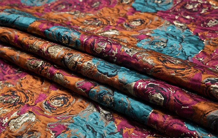 Rose Jacquard Fabric with Gold Thread: 3D Designer Material, 57"W