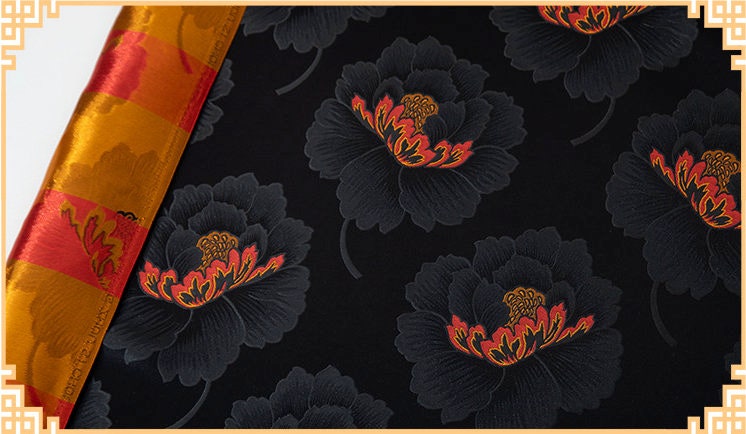 Black Peony Brocade Fabric: 29.5"W Luxurious Rayon Textiles