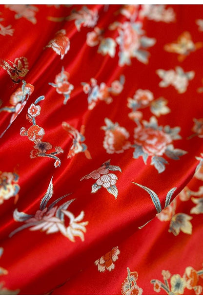 Red Phoenix Brocade Fabric: Floral Jacquard Satin, 58"W