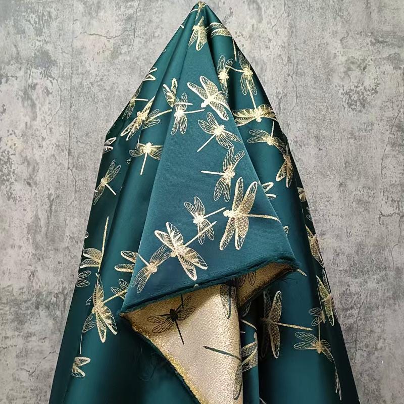 Gold Dragonfly Brocade Fabric: Elegant Cheongsam & Dress Textile