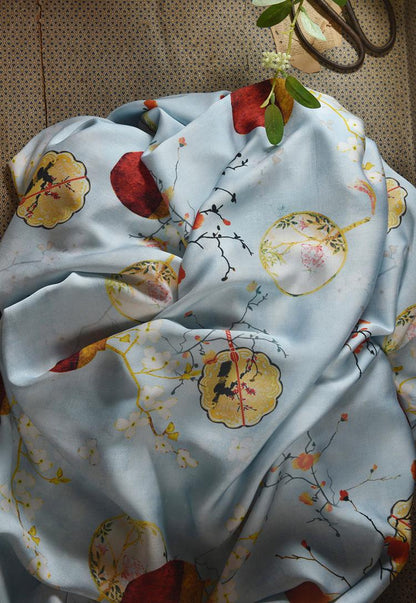 Chinese Ink Painting Cotton Fabric: Floral Drapery, Costume Sewing (55"W)