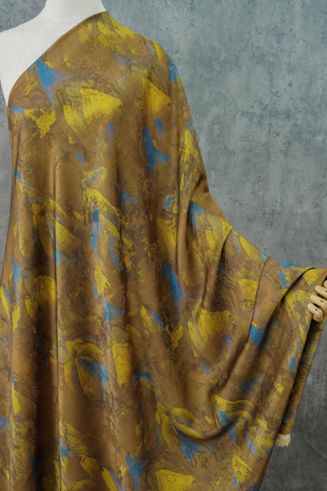 Ancient Painting Tea Silk Satin Fabric: 59"W Upholstery, Costume, Drapery