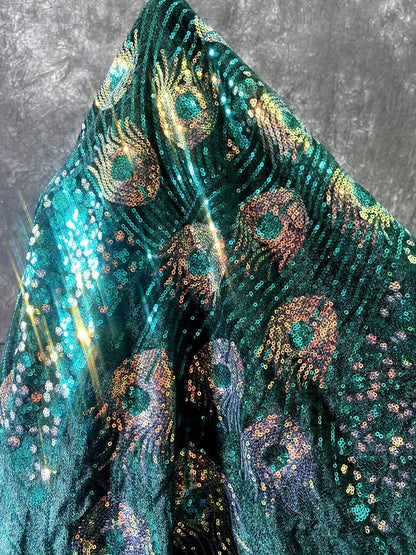 Laser Peacock Sequins Mesh Fabric, Colorful Designer Lace