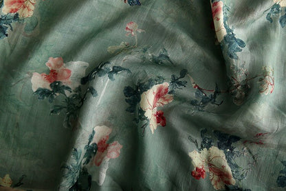 Tissu ramie imprimé floral : matériau de couture de style asiatique, 145 cm de large