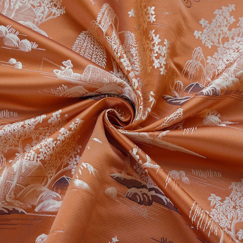 Jacquard Polyester Fabric: Minimalist Asian Landscape, Upholstery & Decor